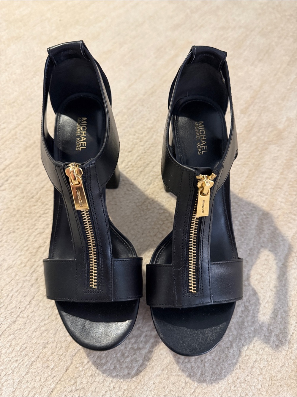 Michael Kors Black Leather Zip-Front Block Heel Sandals with Gold Hardware